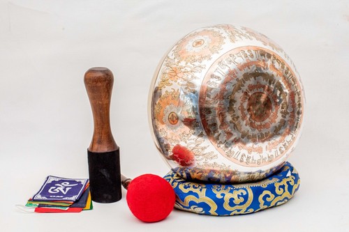 12" Silver & Gold Plated Sahasrabhuja Avalokiteswara Carved Singing Bowl-Healer - Picture 7 of 13