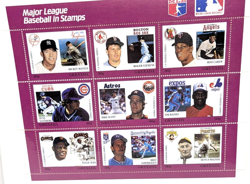 Major League Baseball Mantle, Clemens, Carew +6 More Grenada 30c Stamp Sheet - Picture 2 of 2