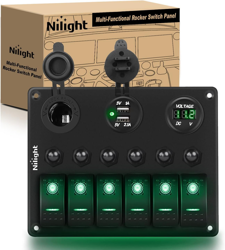 - 90123F 6 Gang on off Rocker Switch Panel Green Backlit 12V24V LED Digital Volt