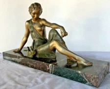 Godard~ART DECO PATINATED BRONZE SCULPTURE OF SEMI NUDE WOMAN w DOVES ON MARBLE