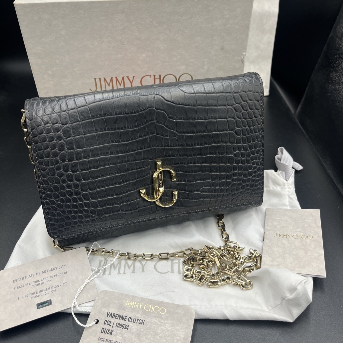 JIMMY CHOO Varenne Dusk Black Grey Croc Shoulder Bag Cross Body