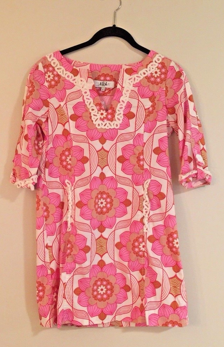 tibi crochet dress Women's TIBI Pink & White POP FLORAL Retro LACE CROCHET Tunic Dress Size 2 XS