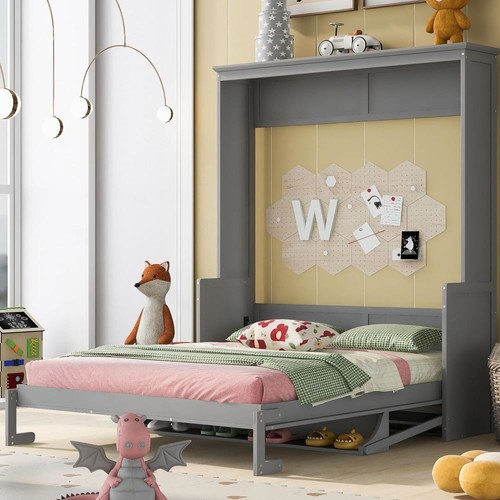 Queen/Full Murphy Wall Bed Frame Foldable Platform Bed w/Combo Or Side Cabinets - Picture 34 of 57