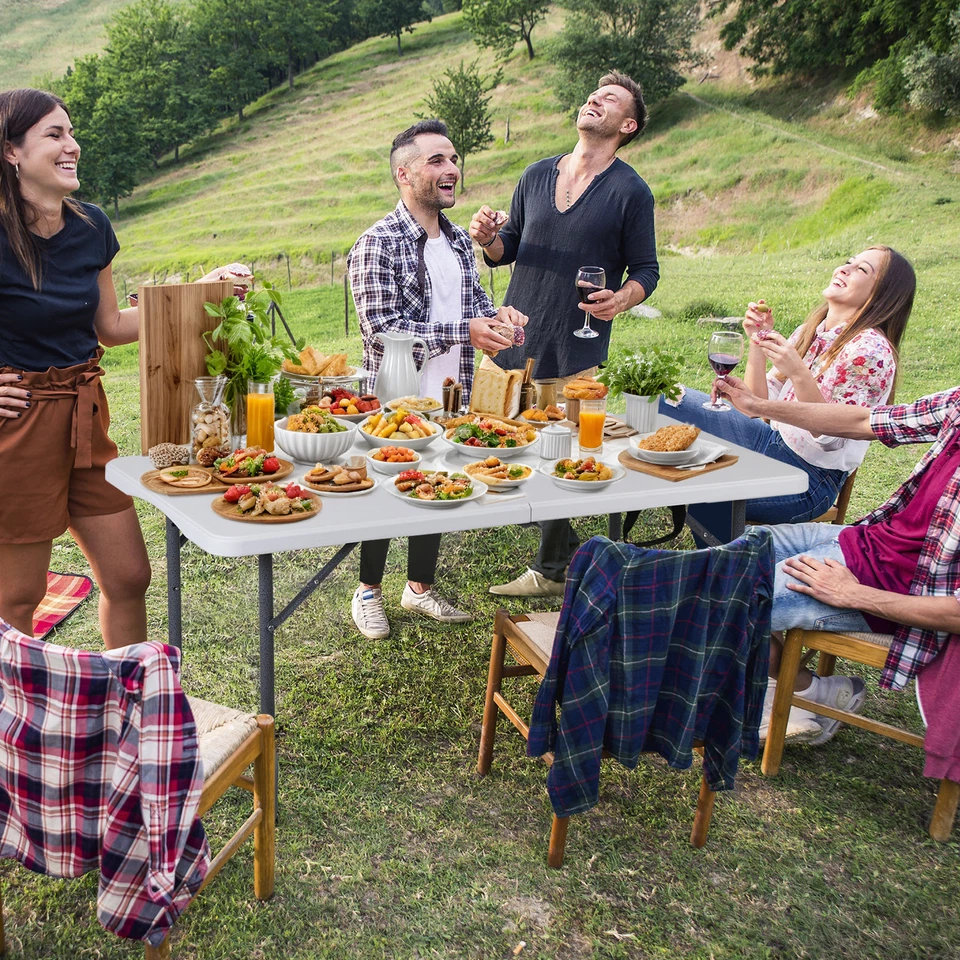 Folding Table Adjustable 4FT Plastic Table Picnic Camping w/Carry Handle White - Image 2 of 4