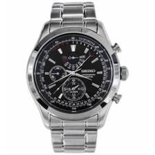 SEIKO Chronograph Perpetual SPC127P1 Quartz Watch Black Steel 7T86 Alarm Day NOS