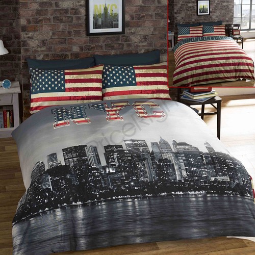 NEW YORK DOUBLE DUVET COVER SET BEDDING SKYLINE FLAG USA - Foto 2 di 2