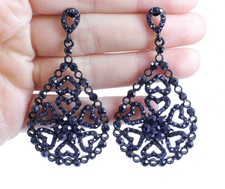 HEARTS AUSTRIAN CRYSTAL RHINESTONE CHANDELIER DANGLE EARRINGS STUD NAVY E2079N