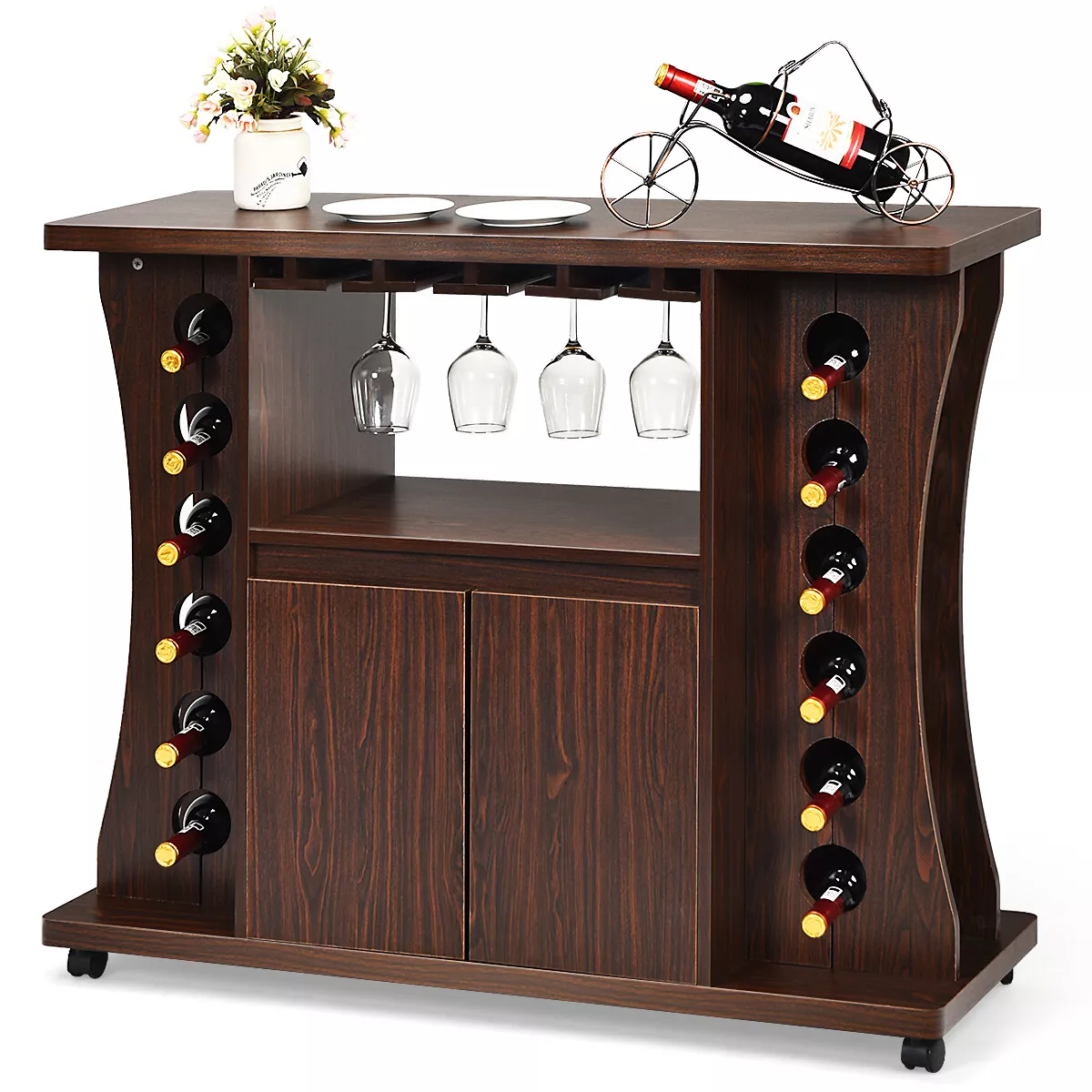 Rolling Buffet Sideboard Wooden Bar Storage Cabinet w Wine Rack