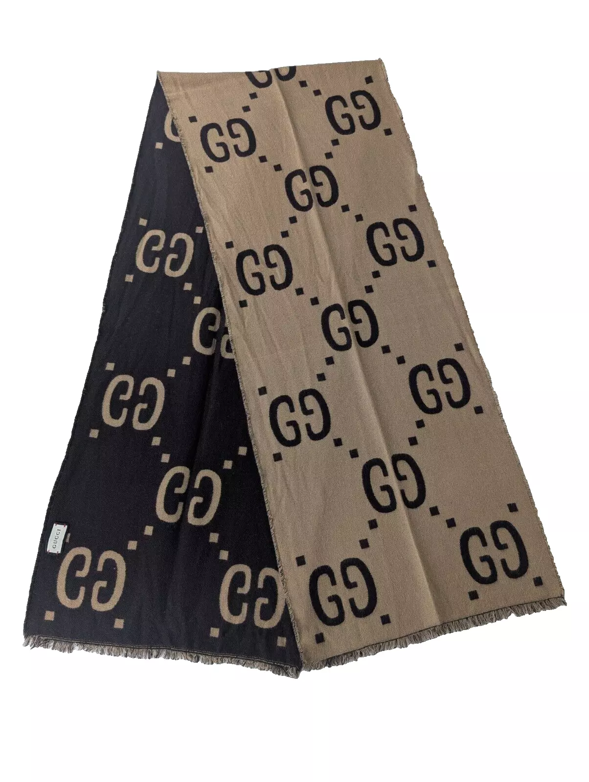 Écharpe GUCCI Classic GG motif monogramme froncée laine soie marron/beige.
