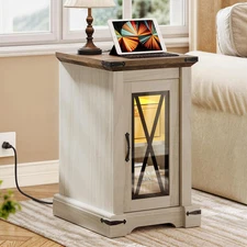 Farmhouse End Table Bedside Table with LED Lights, Nightstand with Charging Stat