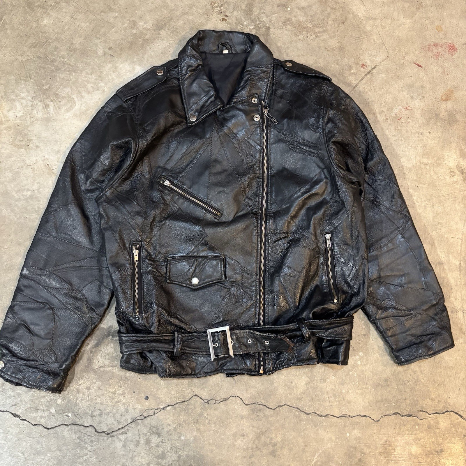 1990s Patchwork Leather Biker Jacket Size Xl  Bla… - image 1