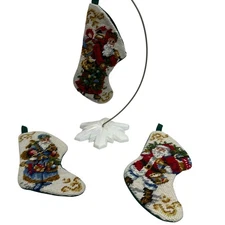3 Needlepoint Mini Stocking Tree Ornament Santa Claus Tapestry Vintage 5.5"