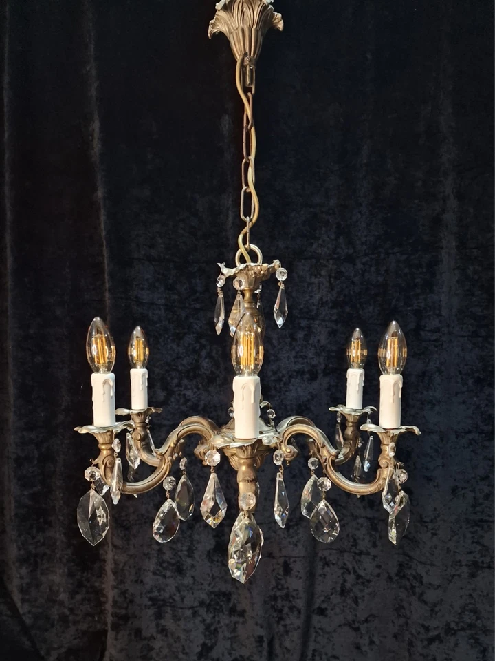 Beautiful Heavy Antique French Bronze Nickel Plated Crystal 6 Arm Chandelier - Image 4 of 4