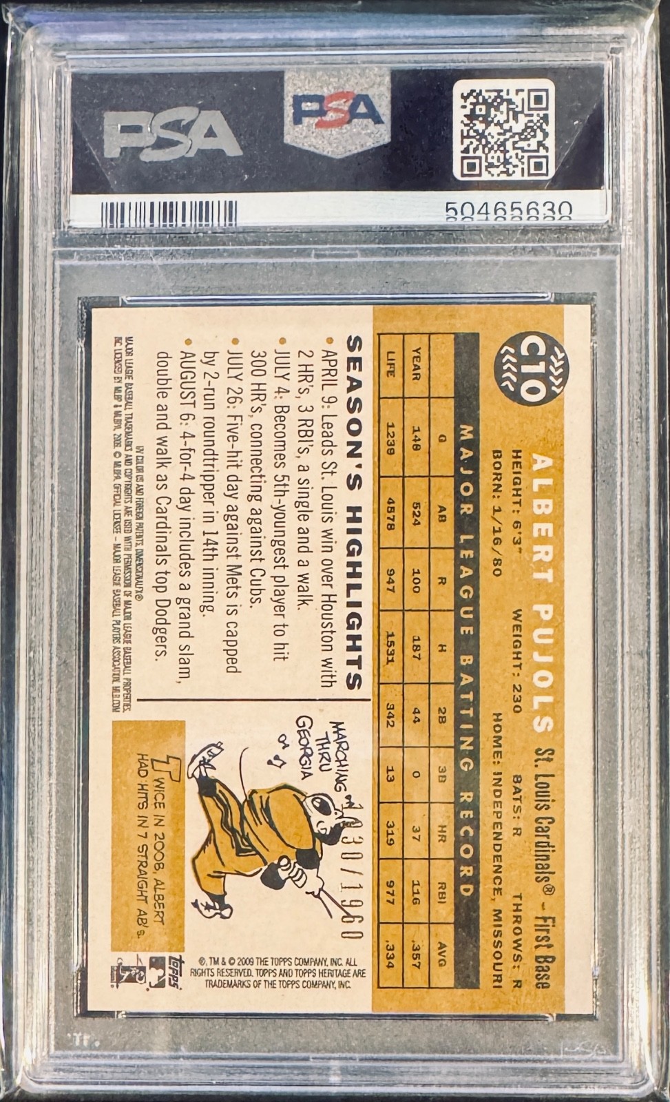 Albert Pujols 2009 Topps Heritage #C10 Chrome /1960 PSA 10 Future HOF Pop 9 view 2