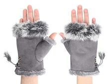 ITODA Suede Women Fingerless Gloves Faux Fur Warm Wrist Half Finger Grey
