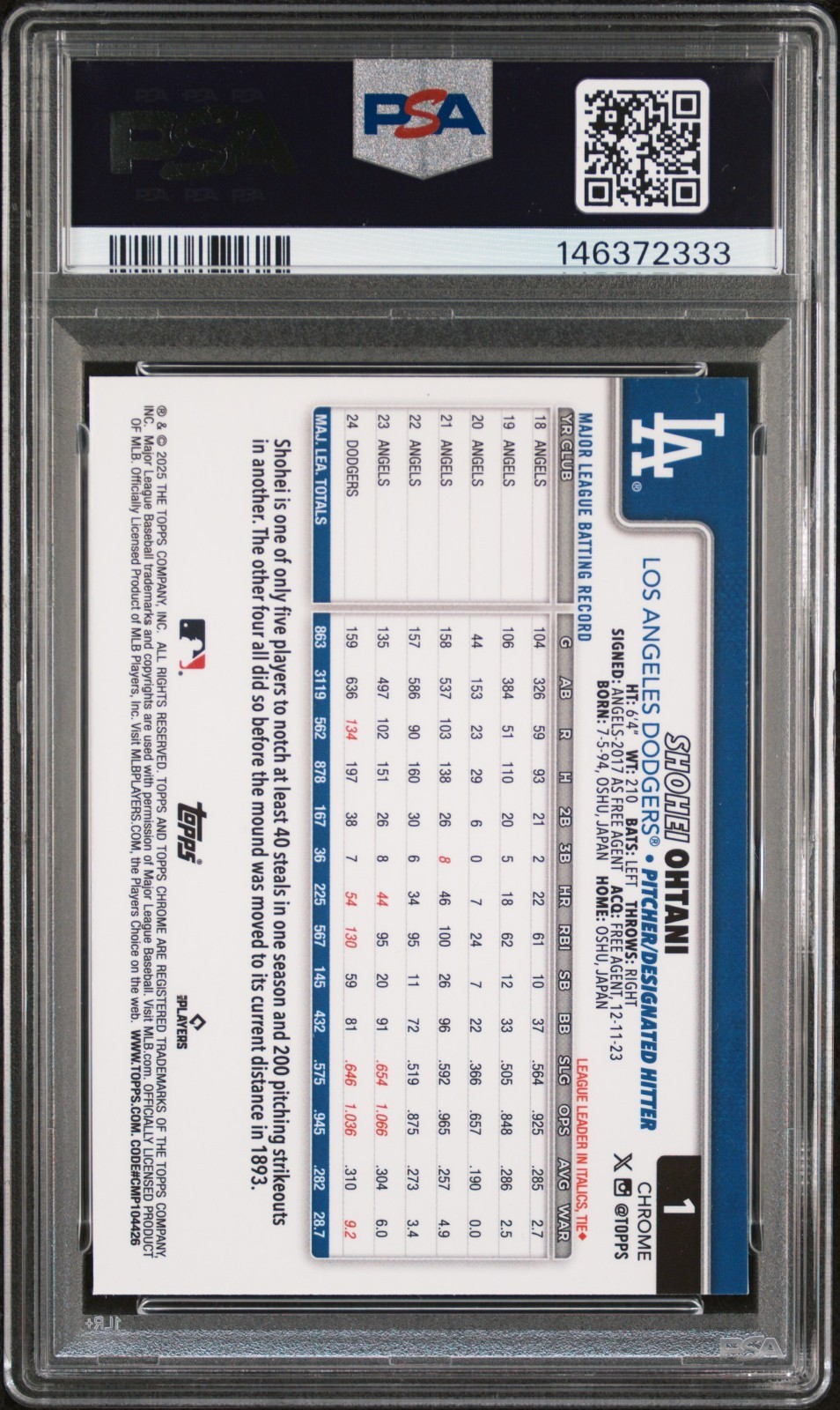 2025 Topps Chrome Shohei Ohtani #1 X-Fractor PSA 10 GEM MINT view 2