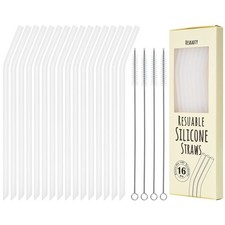Reusable Clear Silicone Drinking Straws, 16 Pcs Long Flexible Straws with 4 C...