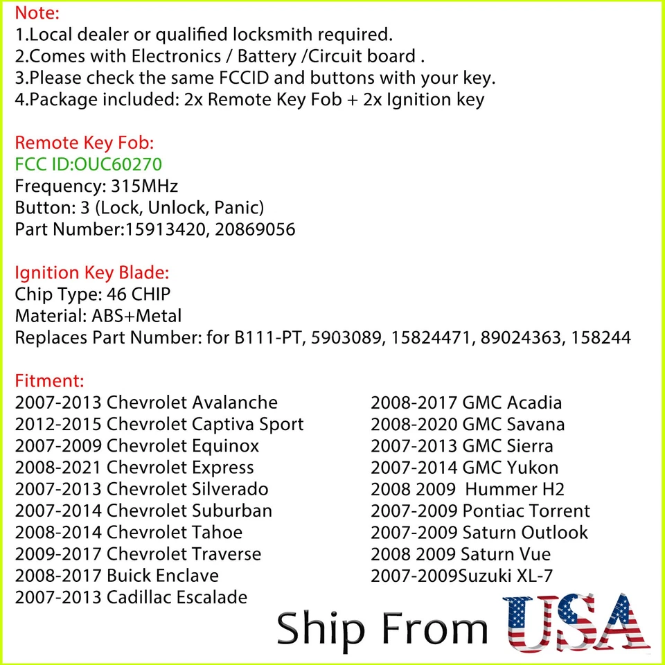 2 para GMC Sierra Chevrolet Silverado 1500 2500 2007-2013 mando a distancia + llave chip Foto 2 de 4