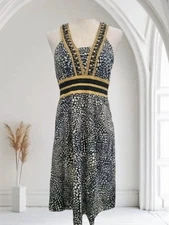 Kenar Dress Beaded Tribal Print Size 8 Sleeveless Cotton V-neck Knee Length