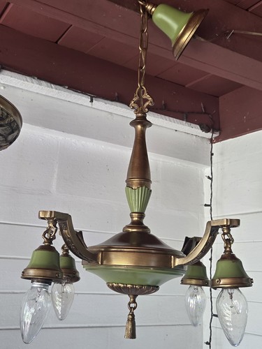 ANTIQUE ART DECO BRASS 4 LIGHT CHANDELIER CEILING LIGHT  1920's GREEN/GOLD