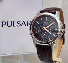 Orologio Uomo Pulsar Giorno e Data, Facile da Leggere, Pelle Marrone, WR 100m. (A3)
