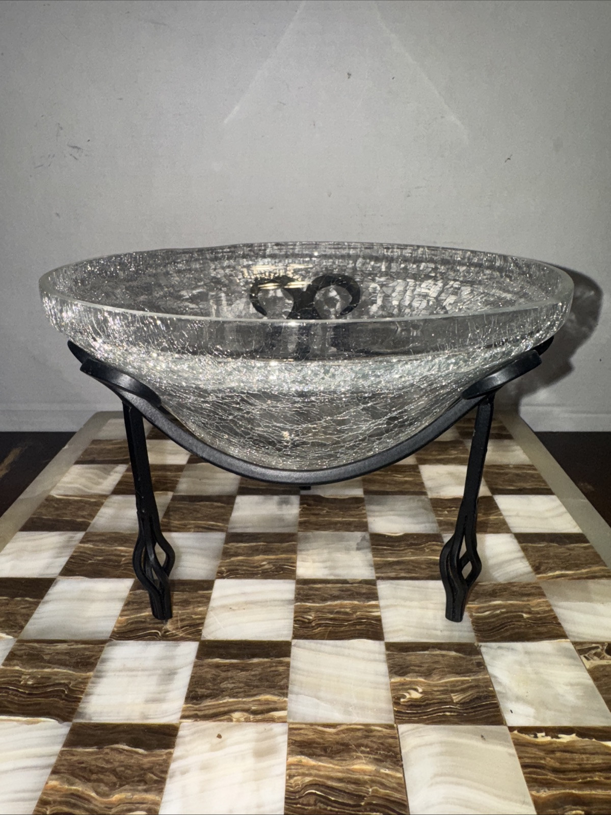 VTG Crackled Glass, Potpourri, Candle Holder Twisted Iron MCM Design 8”x6”