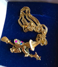 Witch on Broom Charm Pendant Rope Chain Necklace Yellow 9ct