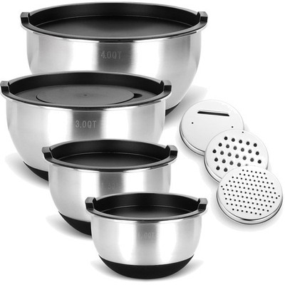 Stainless Steel Bowl Set, 4-Piece Salad Bowl with Lid, 3 Grater Attachments, ...