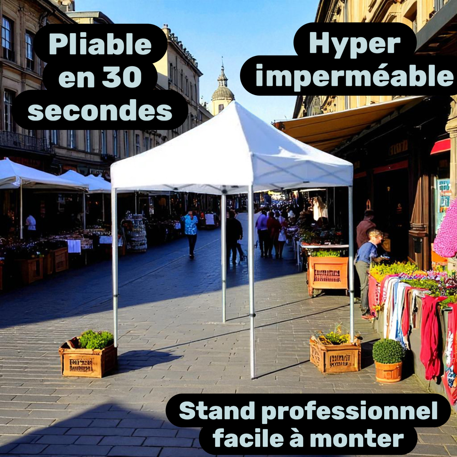 Barnum de marché pliable 2x2m blanc avec toit PVC imperméable 438g pour stand extérieur