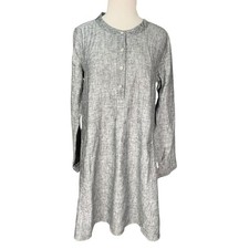Tahari 100% Linen Gray Henley Shift Dress Pockets Long Sleeve Casual SM Travel