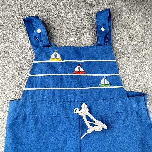 Vintage Romper Overalls Jon Jon Baby Boy 6-9 Mo Blue Sail Boat Nautical VTG 70s - Picture 3 of 7