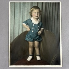 Vintage Tinted Photo Portrait Toddler Baby Blonde Curls Rosy Cheeks 8x10" Blue B