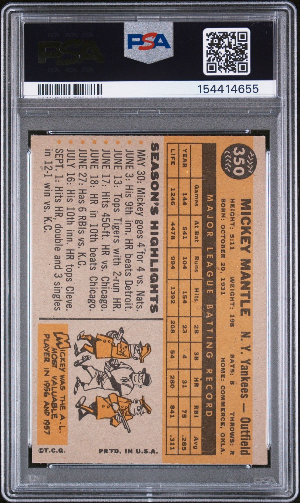 1960 Topps #350 Mickey Mantle PSA 4 view 2