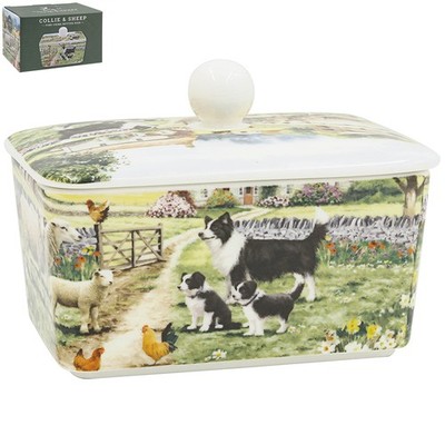 Keramik Butterdose mit Deckel Collie & Schaf Geschirr Bauernhof Design Geschenkidee