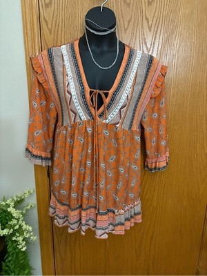 DAVI & DANI Baby Doll Boho  Orange Paisley V-Neck Tie-Front Tunic/dress [COPY]