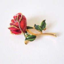 Vintage Goldtone Enamel Single Rose Brooch 2" Long