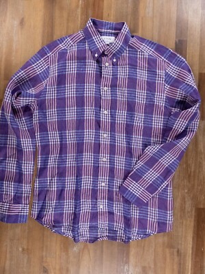 (NO CUSTOMS TAX) ETON slim-fit purple plaid linen button-down shirt 41 / Large