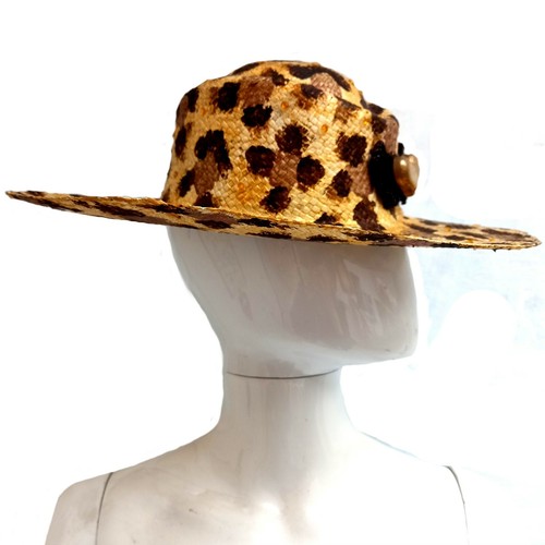 hat vintage woman fashion original straw wide brim sun cowgirl western animalier - Picture 2 of 12