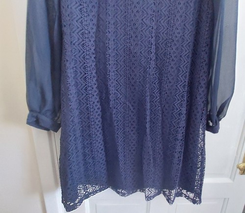 Yumi Uk 10 Navy Blue Sheer Sleeves Lace Look Lined Dress Wedding Party Evening - Afbeelding 5 van 12