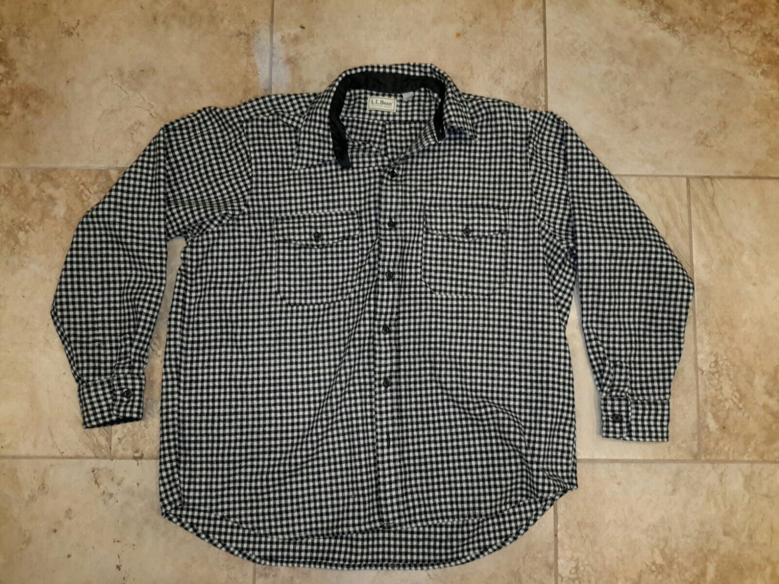 Vintage LL Bean Men's Wool Black White Checkered Long Sleeve Shirt USA