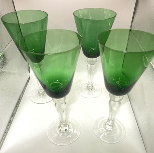 Vintage Green Cut to Clear Crystal Cordial Glass Set 4 Emerald Long Stemmed Bell - Picture 4 of 6