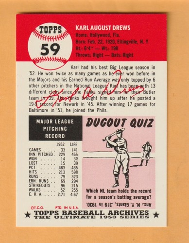 Karl Drews Philadelphia Phillies 1991 Topps Archives '53 #59 Staten Island NY - Picture 2 of 2
