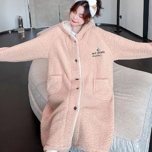 Accappatoio donna autunno inverno spesso con cappuccio dolce flanella vestaglia abito lungo pile - Foto 9 di 31