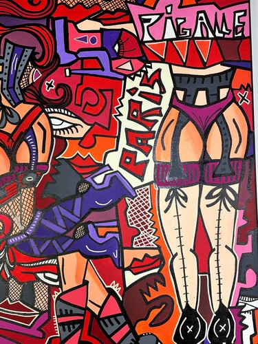 Peinture acrylique et Posca sur toile "Moulin Rouge" Art contemp. RED DITO - Photo 4/12