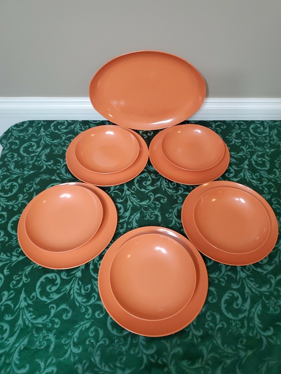 12 Pc Lot Vintage Oneida Persimmon Orange Melamine Plates, Bowls