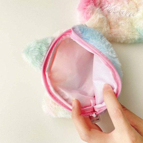🔥 CUTE JAPANESE RAINBOW TIEYDYE PLUSHIE CAT VEGAN FUR COIN PURSE ZIP US SELLER - Picture 4 of 4