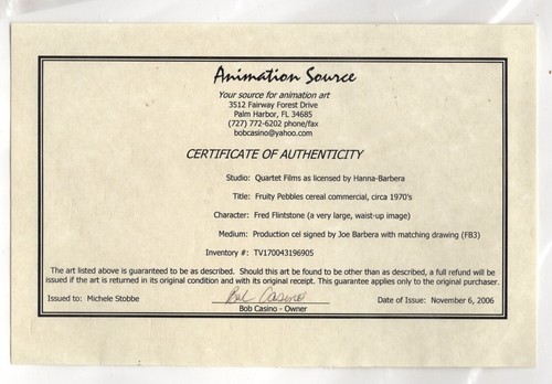 Joe Barbera Signed: FRED FLINTSTONE-FRUITY PEBBLES Animation Art Cel 1970's-COA - Picture 5 of 5
