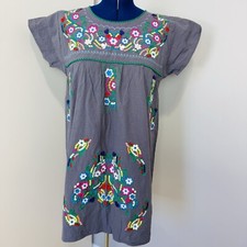 YZXDORWJ Mexican Peasant Dress Womens Large Floral Embroidered Gray Boho Artsy