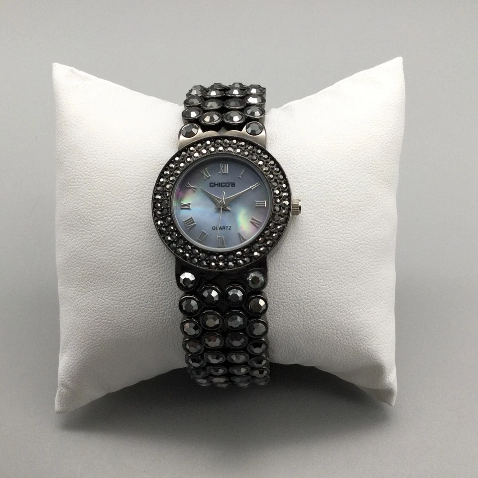 Reloj Chicos Mujer 28mm Negro Bling Puño Abierto Azul Esfera MOP Batería Nueva Foto 2 de 4