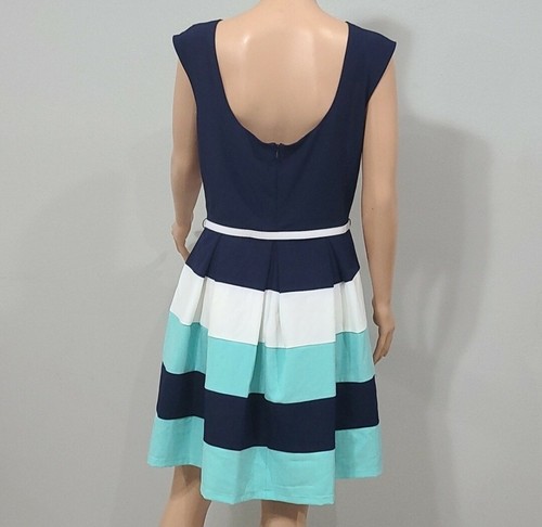 Tiana B Fit and Flare Dress Blue/ White & green Striped Sz 12 Belted Sleeveless - Picture 7 of 11